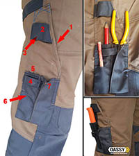 détail des poches avec outils du pantalon de travail