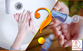 point d'interrogation devant une image de lavage de mains et une image de mains utilisant un gel hydroalcoolique