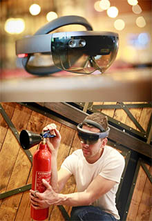 homme utilise un extincteur avec un casque de réalité virtuelle